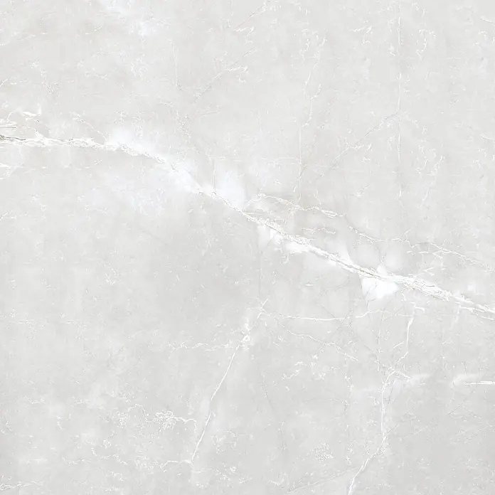 Feinsteinzeugfliese AMANI GRIS – 120 x 120 cm, Steinoptik, Brillant -  - Blassgraue Marmorplatte mit feinen weißen Äderungen und subtilen Sprenkeln.