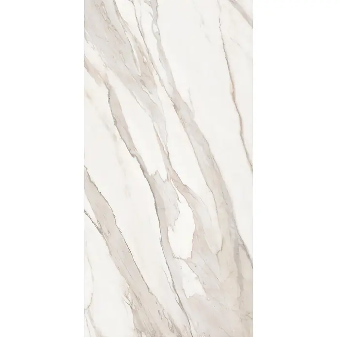 Feinsteinzeugfliese MAJESTIC ORO BIANCO – 60 x 120 cm, Marmoroptik, Brillant -  - Weiße Marmorplatte mit markanten diagonalen hellbraunen und grauen Maserungen.