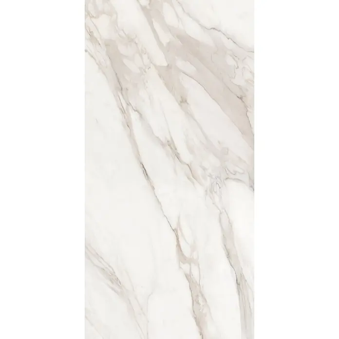 Feinsteinzeugfliese MAJESTIC ORO BIANCO – 60 x 120 cm, Marmoroptik, Brillant -  - Weißer Marmor mit eleganter, hellgrauer und beigefarbener diagonaler Maserung, ideal für moderne Oberflächen.