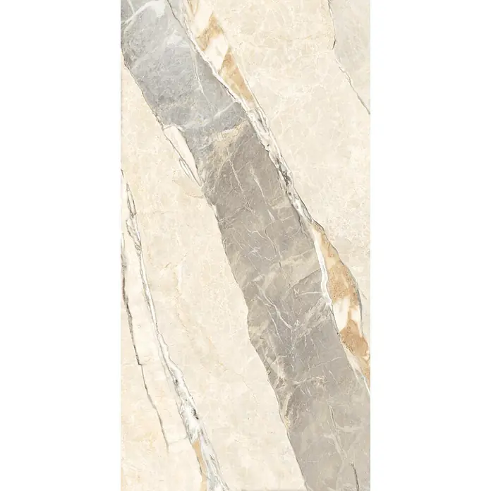 Feinsteinzeugfliese TEKTONIS MARBLE – 60 x 120 cm, Marmoroptik, Mat -  - Helle, beige Marmoroptik-Fliese mit ausgeprägten diagonalen Grau- und Brauntönen.