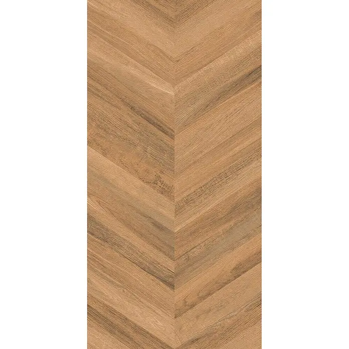 Feinsteinzeugfliese ROSEWOOD ORANGE – 60 x 120 cm, Holzoptik, Mat -  - Brauner Holzfußboden mit ausgeprägtem Fischgrätmuster.