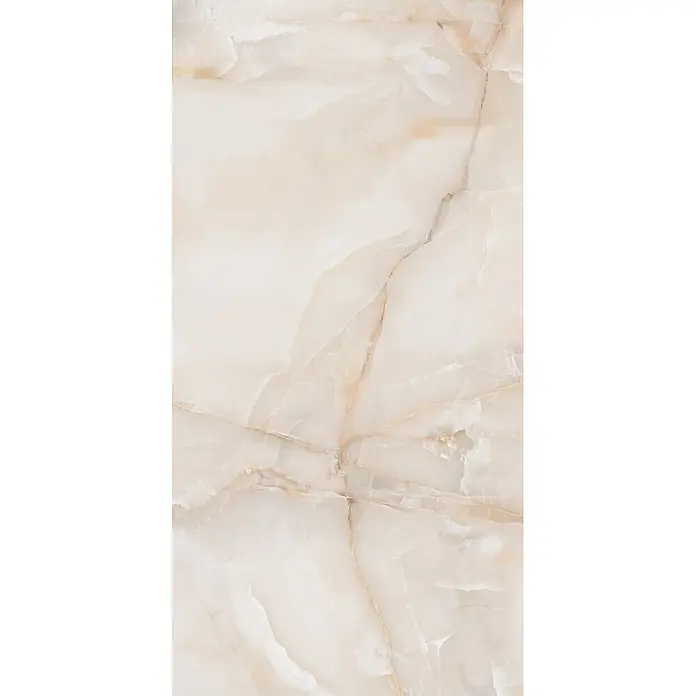 Feinsteinzeugfliese SUN ONYX – 60 x 120 cm, Onyx-/Marmoroptik, Glänzend -  - Helle beige Onyxoberfläche mit feiner natürlicher Maserung.