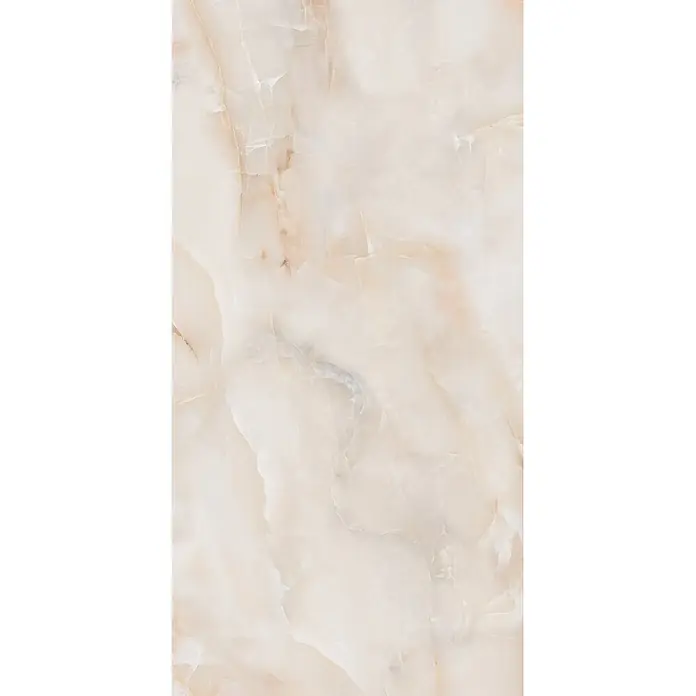 Feinsteinzeugfliese SUN ONYX – 60 x 120 cm, Onyx-/Marmoroptik, Glänzend -  - Helle beige Onyx-Textur mit zarten Creme- und Pfirsichadern, ideal für elegante Oberflächen.