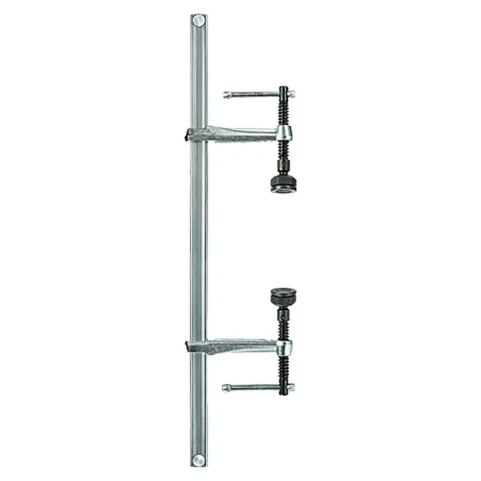 Bessey Zwingen-Set SLV 100 M - Spannweite: 1.000 mm, Spannkraft: 6.500 N, Ausladung: 120 mm - Bild von einer stabilen, silbernen Schiene mit zwei darauf befestigten Schraubzwingen für vielseitige Anwendungen.