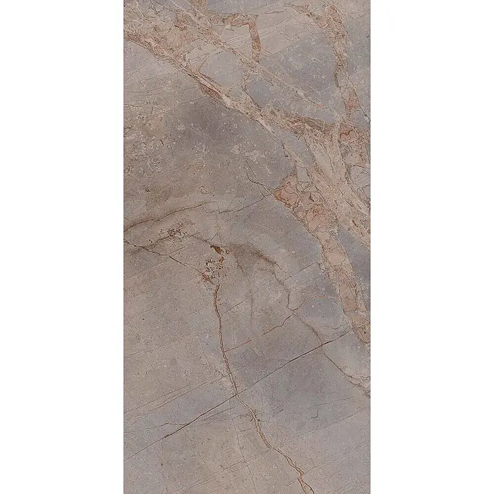 Feinsteinzeugfliese VIVALDI VISON – 60 x 120 cm, Marmoroptik, Brillant -  - Strukturierte hellgrau-beige Marmorplatte mit rötlich-braunen Adern für Oberflächen.