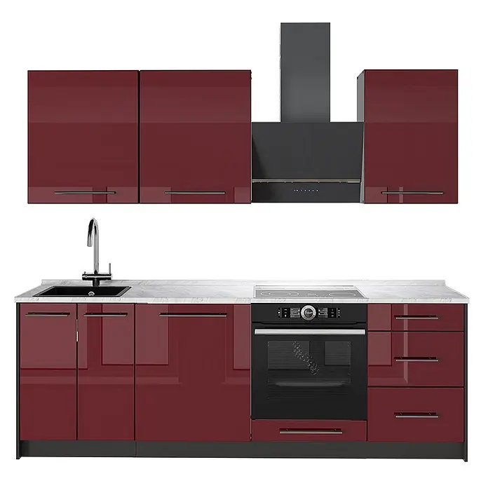 Vicco Küchenzeile Fame-Line, Bordeaux Hochglanz/Anthrazit, 230 cm -  - Glänzende bordeauxrote Küchenzeile mit Ober- und Unterschränken, Spüle, Armatur, Kochfeld, Backofen und Dunstabzugshaube.