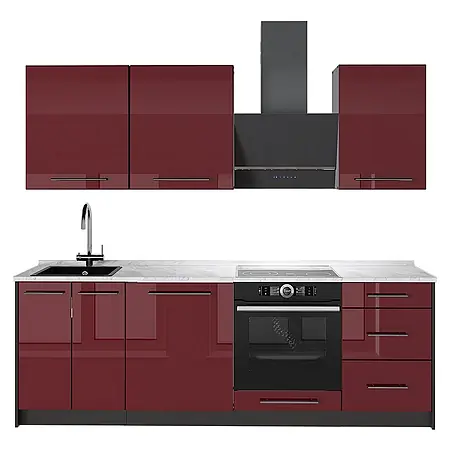 Vicco Küchenzeile Fame-Line, Bordeaux Hochglanz/Anthrazit, 230 cm
