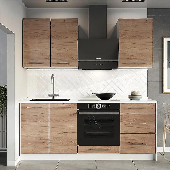 Vicco Singleküche - Breite: 190 cm, Goldkraft Eiche, Mit AP Anthrazit - Moderne Küchenzeile mit hellen Holzoptik-Schränken, weißer Arbeitsplatte und integrierten schwarzen Geräten.