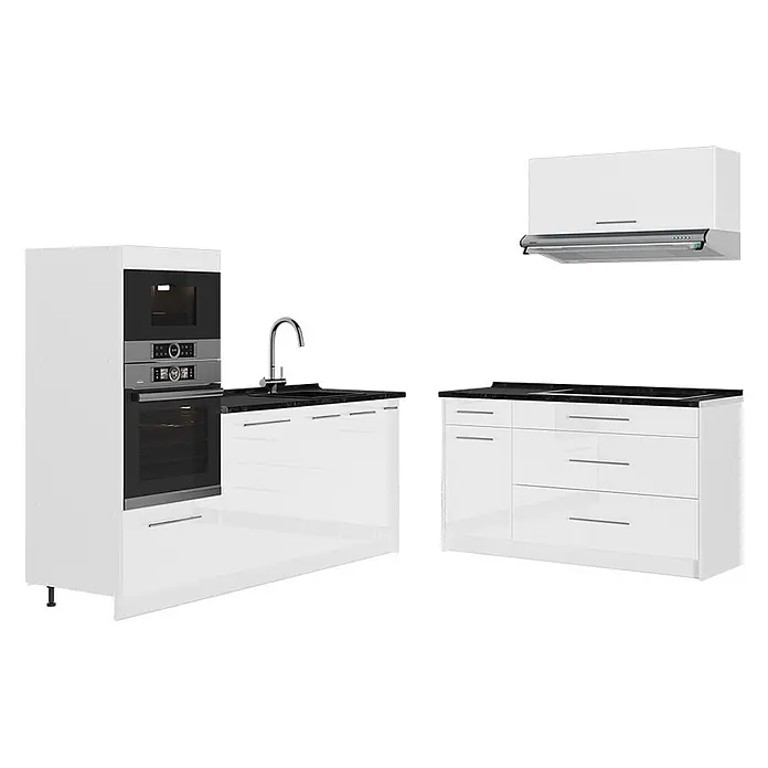 Vicco Küchenzeile - Breite: 340 cm, Weiß Hochglanz, Ohne Elektrogeräte - Weißes Hochglanz-Küchenset mit schwarzer Arbeitsplatte, integriertem Ofen, Mikrowelle, Spüle und Dunstabzugshaube.