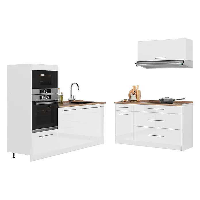 Vicco Küchenzeile - Breite: 340 cm, Weiß Hochglanz, Ohne Elektrogeräte - Weiße Hochglanz-Küchenzeile mit integriertem Backofen, Spüle, Kochfeld und Arbeitsplatten in Holzoptik.