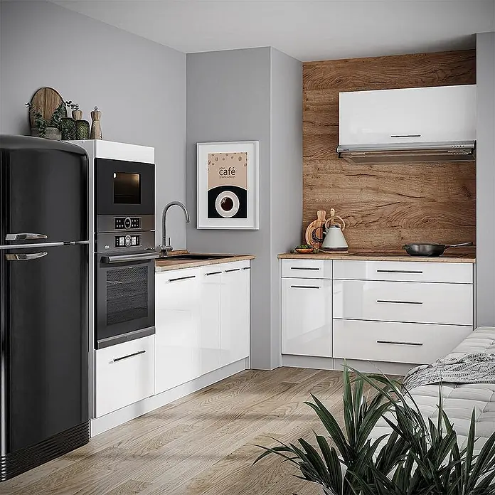 Vicco Küchenzeile - Breite: 340 cm, Weiß Hochglanz, Ohne Elektrogeräte - Moderne Küche mit weißen Hochglanzschränken und Holz-Arbeitsplatten.