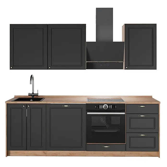 Vicco Küchenzeile Fame-Line, Anthrazit-Gold Landhaus/Eiche, 230 cm -  - Schwarze Einbauküche mit Holz-Arbeitsplatte und Sockel, inklusive Spüle, Kochfeld, Backofen und Dunstabzugshaube.