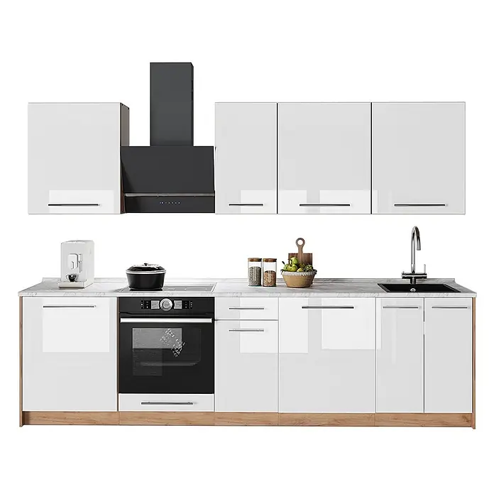 Vicco Küchenzeile - Breite: 280 cm, Weiß Hochglanz, Ohne Elektrogeräte - Weißglänzende Küche mit schwarzem Ofen, Dunstabzug, Spüle, Marmorplatte und Holzsockel.