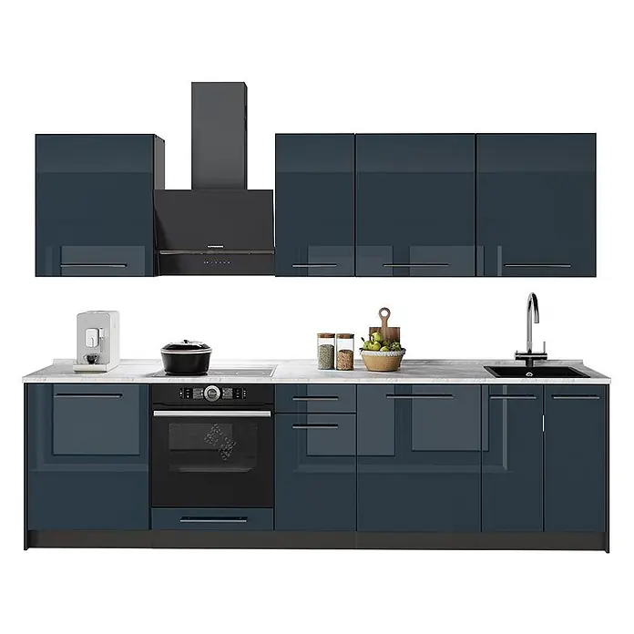 Vicco Küchenzeile - Breite: 280 cm, Dunkelblau Hochglanz, Ohne Elektrogeräte - Glänzende dunkelblaue Küchenschränke mit integriertem Backofen, Kochfeld, Spüle und Dunstabzugshaube.