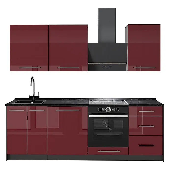 Vicco Küchenzeile - Breite: 230 cm, Bordeaux Hochglanz, Ohne Elektrogeräte - Eine moderne Küchenzeile mit glänzenden weinroten Schränken, schwarzen Arbeitsplatten, integrierter Spüle, Kochfeld, Backofen und passender Dunstabzugshaube.