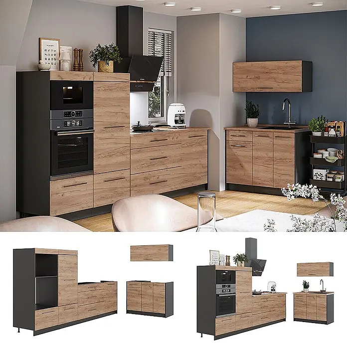 Küchenzeile Fame-Line 380 cm Goldkraft Eiche Art.-Nr. 64061 -  - Moderne Küche mit Holzoptikfronten und dunkelgrauen Rahmen, ausgestattet mit Backofen, Mikrowelle und Spüle.