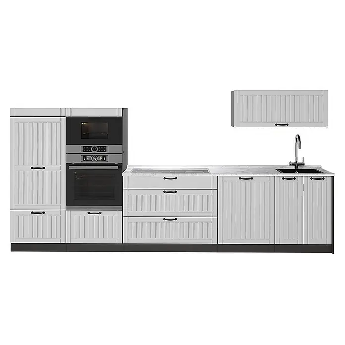 Vicco Küchenzeile - Breite: 340 cm, Weiß Landhaus, Ohne Elektrogeräte - Hellegraue Modulküche mit schwarzen Griffen, weißer Arbeitsplatte, Backofen, Kochfeld und Spüle.