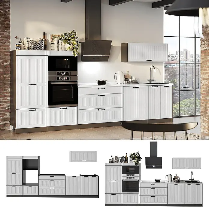 Vicco Küchenzeile - Breite: 340 cm, Weiß Landhaus, Ohne Elektrogeräte - Weiße Lamellenküchenschränke mit integriertem Backofen, Mikrowelle und Spüle in einer modernen Küche.