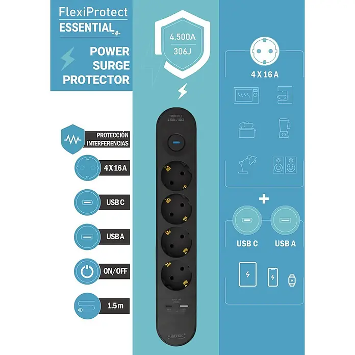 Base de enchufe múltiple Small Device Essential 4 - Negro, Longitud del cable: 1,5 m, Con interruptor - Regleta negra Imtek FlexiProtect con 4 enchufes Schuko, USB-C, USB-A, protección contra sobretensiones, interruptor y cable de 1,5m.