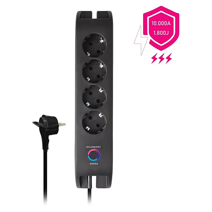Base de enchufe múltiple Office 4 - Negro, Longitud del cable: 2 m, Con interruptor, Número de enchufes Schuko: 4 ud. - Regleta negra vertical con 4 tomas Schuko y protección contra sobretensiones. Incluye enchufe.