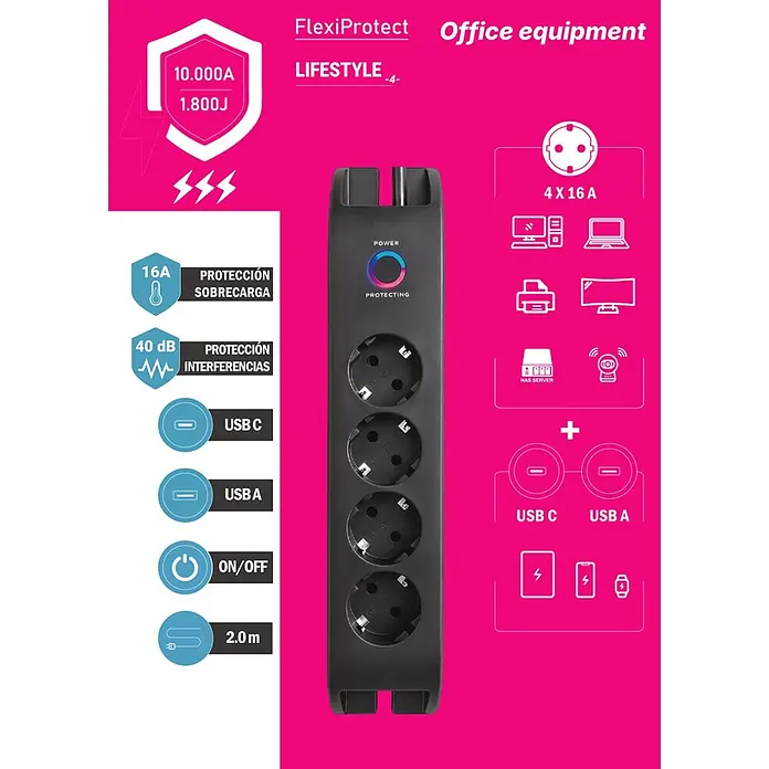 Base de enchufe múltiple Office 4 - Negro, Longitud del cable: 2 m, Con interruptor, Número de enchufes Schuko: 4 ud. - Regleta negra FlexiProtect con 4 enchufes Schuko, puertos USB-C/A y protección contra sobretensión/sobrecarga para equipos de oficina. Cable de 2,0m.