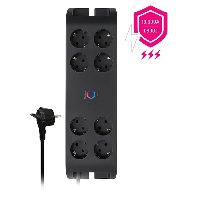 Base de enchufe múltiple Office 8 - Negro, Longitud del cable: 2 m, Con interruptor, Número de enchufes Schuko: 8 ud. - Regleta negra con 8 tomas europeas y enchufe Schuko, con protección contra sobretensiones de 10.000A y 1.800J.
