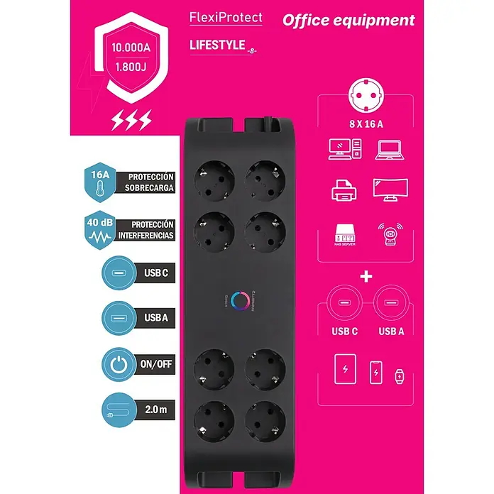 Base de enchufe múltiple Office 8 - Negro, Longitud del cable: 2 m, Con interruptor, Número de enchufes Schuko: 8 ud. - Regleta negra con 8 tomas Schuko, puertos USB-C/A y protección contra sobretensiones, sobre fondo rosa.