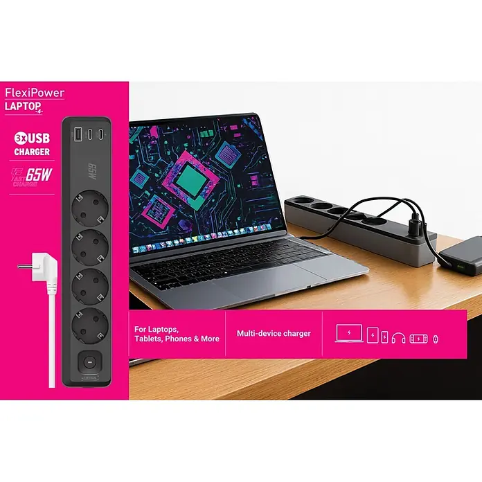 Base de enchufe múltiple Laptop 4 - Blanco/Negro, Longitud del cable: 1,5 m, Con interruptor - Regleta vertical FlexiPower gris oscuro con 4 tomas Schuko, 3 puertos USB (carga rápida 65W) y enchufe acodado.