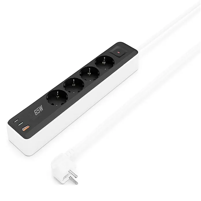 Base de enchufe múltiple Laptop 4 - Blanco/Negro, Longitud del cable: 1,5 m, Con interruptor - Regleta blanca y negra con 4 tomas Schuko, puertos USB de 65W e interruptor. Con enchufe en ángulo.