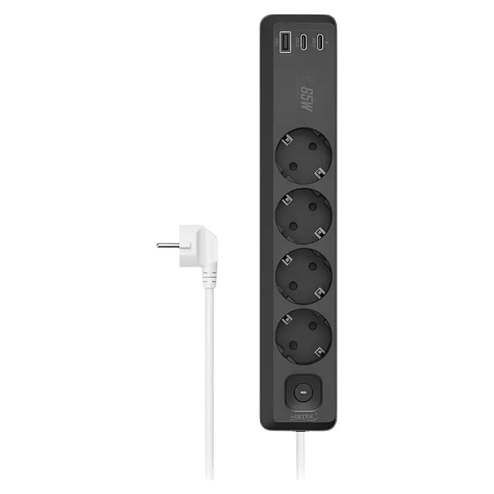Base de enchufe múltiple Laptop 4 - Blanco/Negro, Longitud del cable: 1,5 m, Con interruptor - Regleta gris oscuro con 4 tomas Tipo F, 1 USB-A, 2 USB-C y botón de encendido. Incluye un cable blanco con enchufe Tipo F acodado.