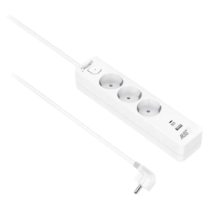 Base de enchufe múltiple Tablet 3 - Blanco, Longitud del cable: 1,5 m, Con interruptor, Número de enchufes Schuko: 3 ud. - Regleta blanca con 3 tomas Schuko, 2 puertos USB y un cable de alimentación con enchufe europeo angulado.
