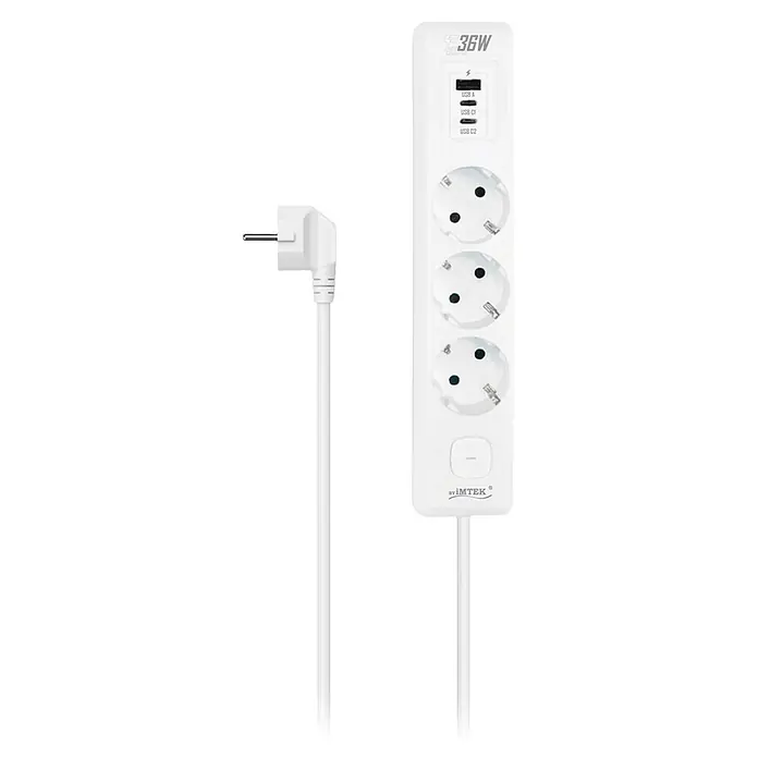 Base de enchufe múltiple Tablet 3 - Blanco, Longitud del cable: 1,5 m, Con interruptor, Número de enchufes Schuko: 3 ud. - Regleta blanca con tres tomas Schuko, un puerto USB-A y dos USB-C (Carga Rápida 36W). Incluye botón de encendido y enchufe acodado.