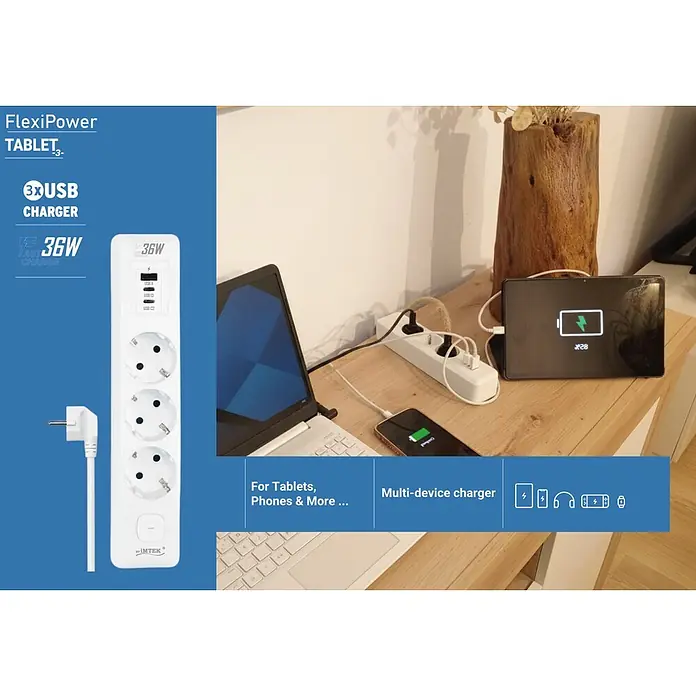 Base de enchufe múltiple Tablet 3 - Blanco, Longitud del cable: 1,5 m, Con interruptor, Número de enchufes Schuko: 3 ud. - Regleta blanca FlexiPower TABLET-3 con 3 tomas Schuko y 3 puertos USB (36W), cargando dispositivos en un escritorio de madera.