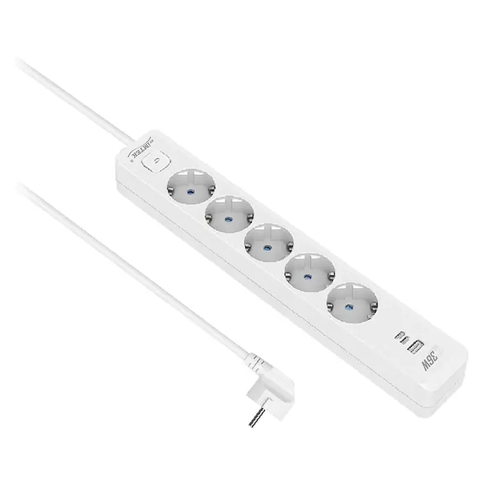 Base de enchufe múltiple Tablet 5 - Blanco, Longitud del cable: 1,5 m, Con interruptor, Número de enchufes Schuko: 5 ud. - Regleta blanca con 5 enchufes europeos, botón de encendido y 3 puertos de carga USB (36W).