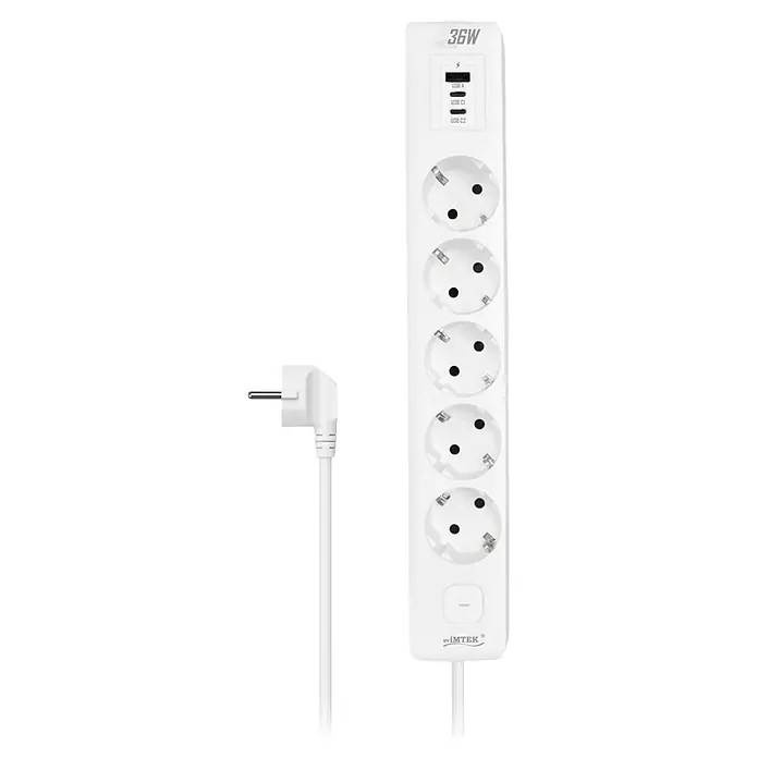 Base de enchufe múltiple Tablet 5 - Blanco, Longitud del cable: 1,5 m, Con interruptor, Número de enchufes Schuko: 5 ud. - Regleta blanca con 5 tomas Schuko, 1 USB-A, 2 USB-C, 36W y enchufe acodado.