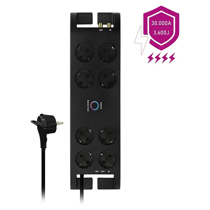 Base de enchufe múltiple Premium con protección de sobretensión - Negro, Longitud del cable: 2 m, Con interruptor, Número de enchufes Schuko: 8 ud. - Regleta negra con protección contra sobretensiones, 8 enchufes Schuko y cable.