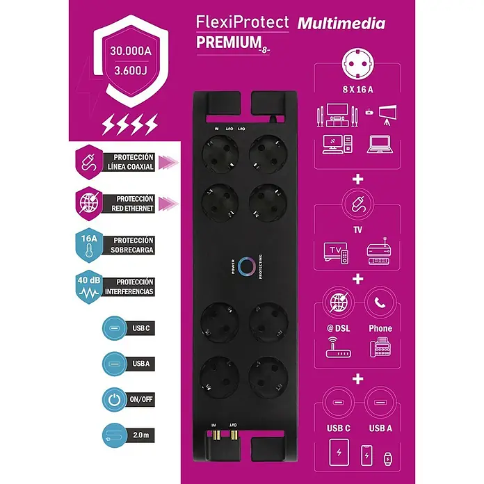 Base de enchufe múltiple Premium con protección de sobretensión - Negro, Longitud del cable: 2 m, Con interruptor, Número de enchufes Schuko: 8 ud. - Regleta negra FlexiProtect Multimedia Premium-8 con 8 tomas de corriente, puertos USB-A/C y protección multimedia integral.