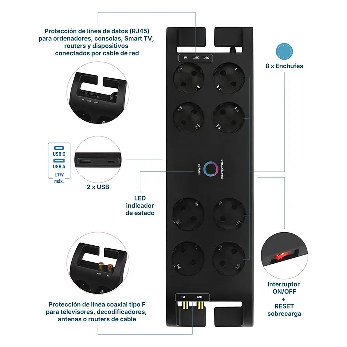 Base de enchufe múltiple Premium con protección de sobretensión - Negro, Longitud del cable: 2 m, Con interruptor, Número de enchufes Schuko: 8 ud. - Regleta negra con 8 tomas, 2 puertos USB y protección de línea de datos/coaxial.