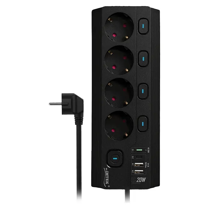 Base de enchufe múltiple Corner 4 - Negro, Longitud del cable: 1,5 m, Con interruptor - Regleta eléctrica negra con 4 tomas Schuko, 2 puertos USB-C, 2 USB-A, interruptores individuales y enchufe.