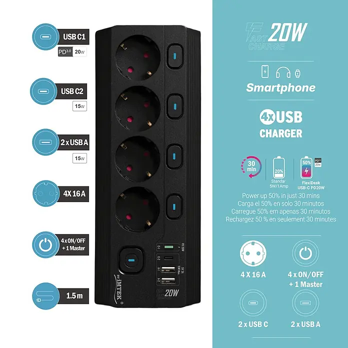 Base de enchufe múltiple Corner 4 - Negro, Longitud del cable: 1,5 m, Con interruptor - Regleta vertical negra con 4 tomas Schuko, 2 puertos USB-C y 2 USB-A. Con interruptores individuales de encendido/apagado.