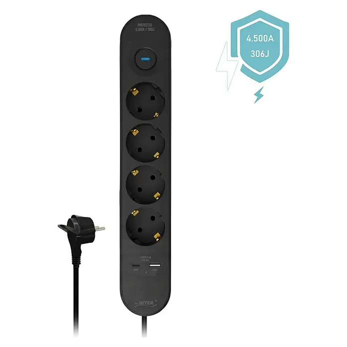 Base de enchufe múltiple Small Device Essential 4 - Negro, Longitud del cable: 1,5 m, Con interruptor - Regleta negra con 4 tomas Schuko, puerto USB-C, USB-A y protección contra sobretensiones (4.5kA/306J).