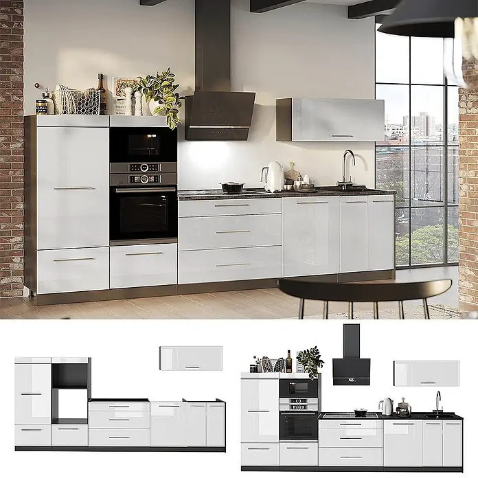 Vicco Küchenzeile - Breite: 340 cm, Weiß Hochglanz, Ohne Elektrogeräte - Weiße Hochglanz-Küchenzeile mit integriertem Backofen, Mikrowelle und Spüle, für eine moderne, funktionale Küche.