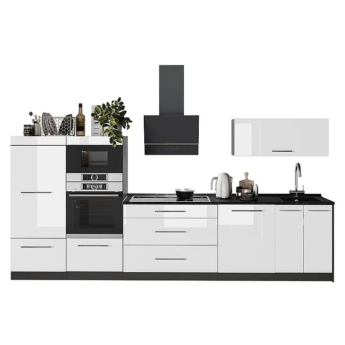 Vicco Küchenzeile - Breite: 340 cm, Weiß Hochglanz, Ohne Elektrogeräte - Moderne weiße Hochglanz-Küchenzeile mit schwarzen Akzenten, integriertem Backofen, Mikrowelle, Kochfeld und Spüle.
