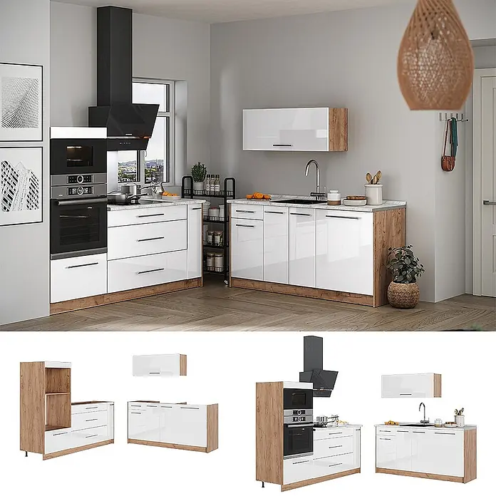 Küchenzeile Fame-Line 340 cm Weiß Hochglanz Art.-Nr. 63714 -  - Moderne L-förmige Küche mit hochglänzenden weißen Fronten und Holzdekor, inklusive integrierter Geräte und Spüle.