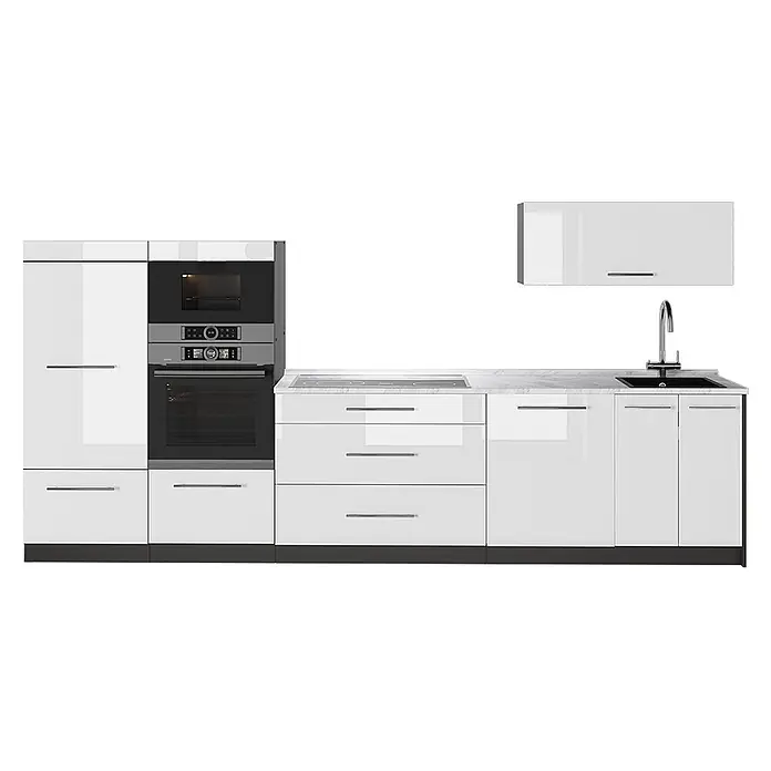 Vicco Küchenzeile - Breite: 340 cm, Weiß Hochglanz, Ohne Elektrogeräte - Moderne weiße Hochglanzküchenzeile mit integriertem Backofen, Mikrowelle, Kochfeld und Spüle, mit schlanken Griffen und viel Stauraum.