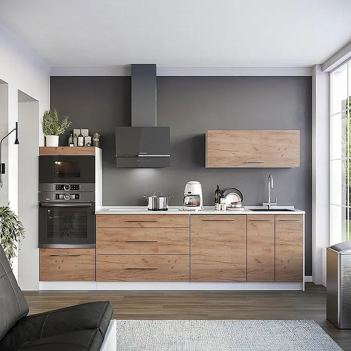 Vicco Küchenzeile - Breite: 280 cm, Goldkraft Eiche, Ohne Elektrogeräte - Moderne Küche mit hellen Holzschränken, weißer Arbeitsplatte, dunkelgrauer Wand und integrierten Geräten.