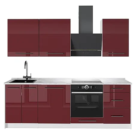 Vicco Küchenzeile Fame-Line, Bordeaux Hochglanz/Weiß, 230 cm