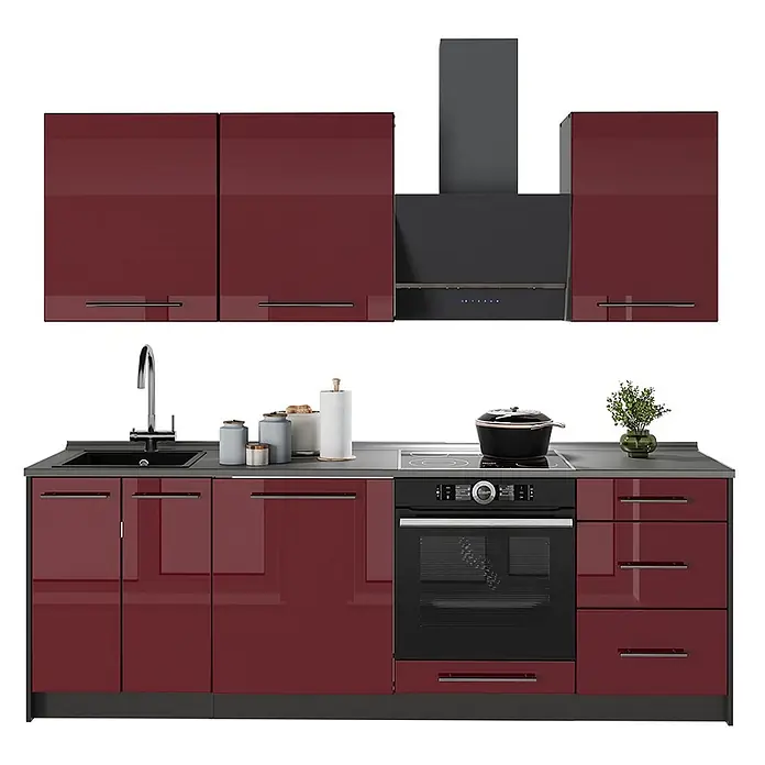 Vicco Küchenzeile Fame-Line, Bordeaux Hochglanz/Anthrazit, 230 cm -  - Moderne Küchenzeile mit glänzenden burgunderroten Schränken, dunkler Arbeitsplatte, integriertem Ofen, Kochfeld, Spüle und passenden Oberschränken mit Dunstabzugshaube.