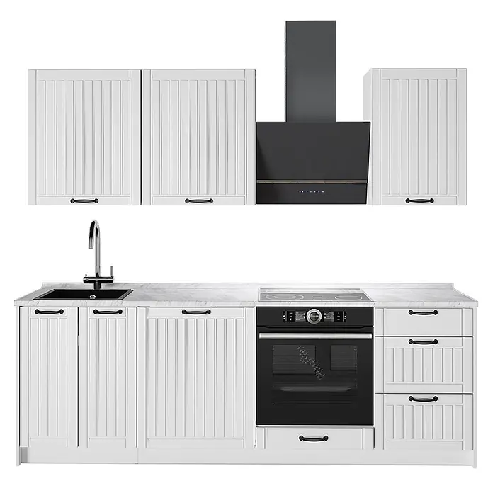 Vicco Küchenzeile - Breite: 230 cm, Weiß Landhaus, Ohne Elektrogeräte - Weiße Küchenzeile mit Spüle, Backofen, Kochfeld, schwarzer Dunstabzugshaube und Griffen. Mit vertäfelten Schranktüren.