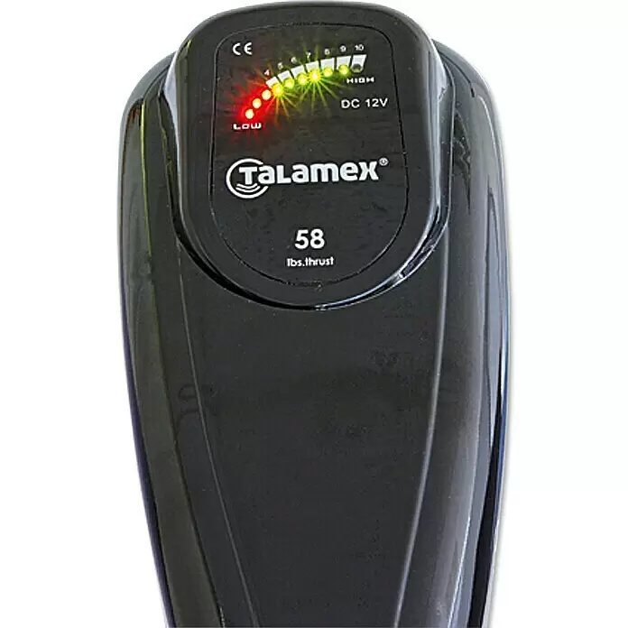 Talamex Motor fueraborda eléctrico TM 48 - 0,09 kW - 0,48 kW, Control de timón, Longitud del eje: 910 mm - Unidad de control electrónica negra con pantalla LED que muestra el nivel de batería y 58 libras de empuje.